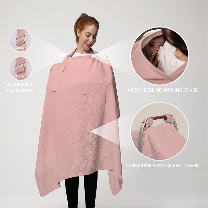 Muslin Nursing Cover for Breastfeeding & Baby Car Seat Cover - Breathable Breastfeeding Cover up With Rigid Hoop - 100% Cotton Privacy Apron Breast Feeding Covers For Women (Blush)