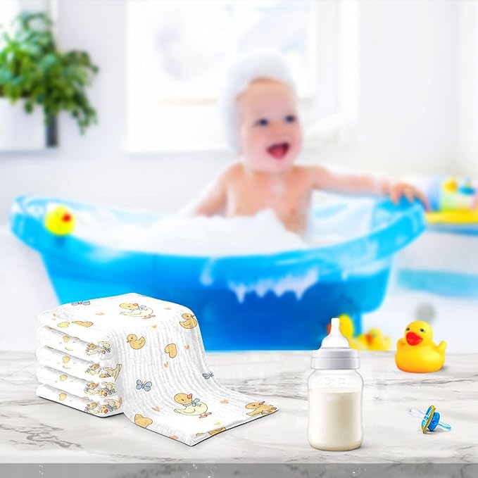 vvfelixl Baby Muslin Washcloths Duck with Ribbon Baby Burp Cloths Cotton Babys Face Towel for Newborn Infants Boys Girls Soft and Absorbent 11.8 X 11.8 in, 3 Pack