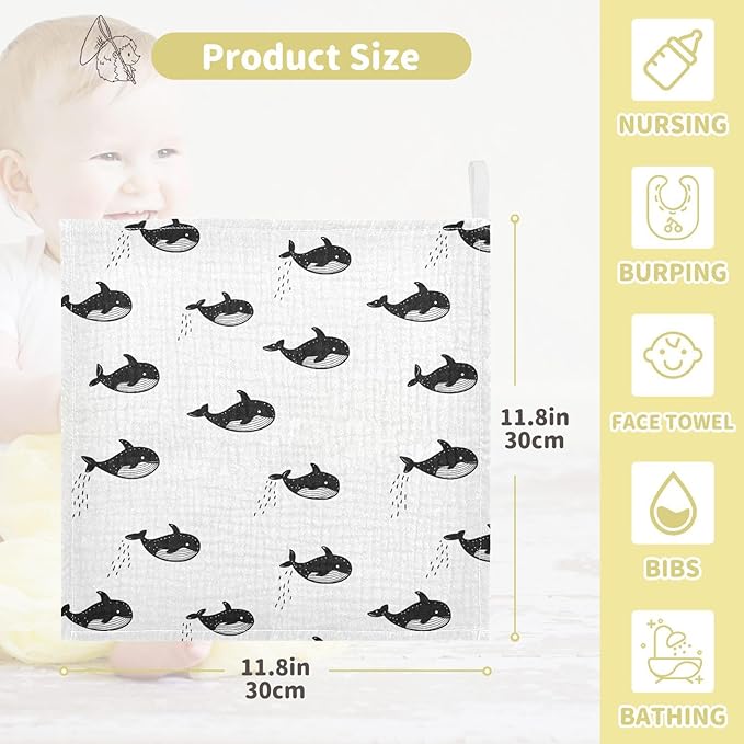 vvfelixl Baby Muslin Washcloths Little Cute Orca Baby Burp Cloths Cotton Babys Face Towel for Newborn Infants Boys Girls Soft and Absorbent 11.8 X 11.8 in, 3 Pack