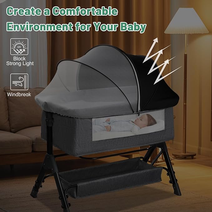 Bassinet Cover for Cats - Blackout Breathable Mosquito Net for Baby Bedside Sleepers & Travel Cribs, 2-Way Zipper Bug Canopy Tent to Block Light & Keep Cats Out (Black-Small)