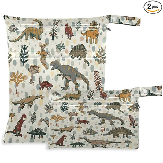 visesunny Vintage Dinosaur Plant 2Pcs Wet Bag with Zippered Pockets Washable Reusable Roomy for Travel,Beach,Pool,Daycare,Stroller,Diapers,Dirty Gym Clothes, Wet Swimsuits, Toiletries