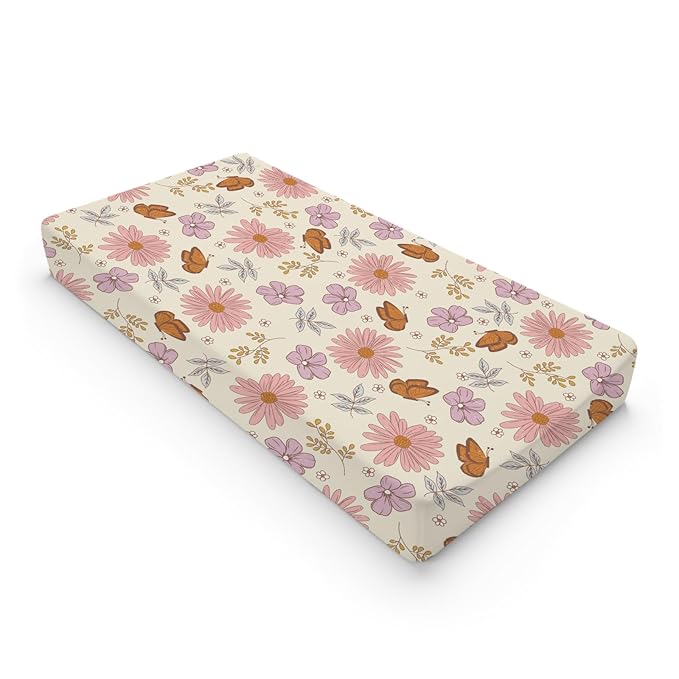 Vintage Flowers Butterflies Baby Changing Pad Covers for Boy Girl 32''x16'' Retro Boho Floral Leaves Fitted Changing Table Sheets Spring Wild Plants Soft Breathable Nursery Diaper Change Table Mats