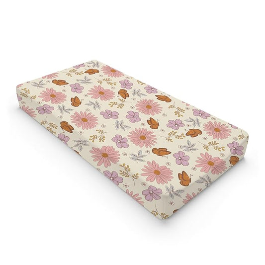Vintage Flowers Butterflies Baby Changing Pad Covers for Boy Girl 32''x16'' Retro Boho Floral Leaves Fitted Changing Table Sheets Spring Wild Plants Soft Breathable Nursery Diaper Change Table Mats
