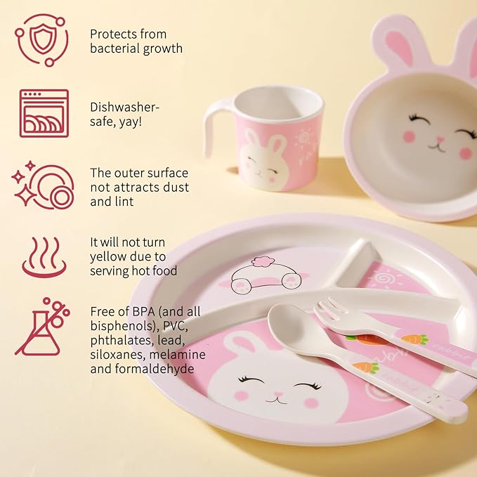 Kids Dinnerware Set, Includes Toddler Plate Bowl Tumbler and Utensils, BPA Free Bamboo Fiber Material Perfect for Little Girls (Pink - Rabbit Theme)