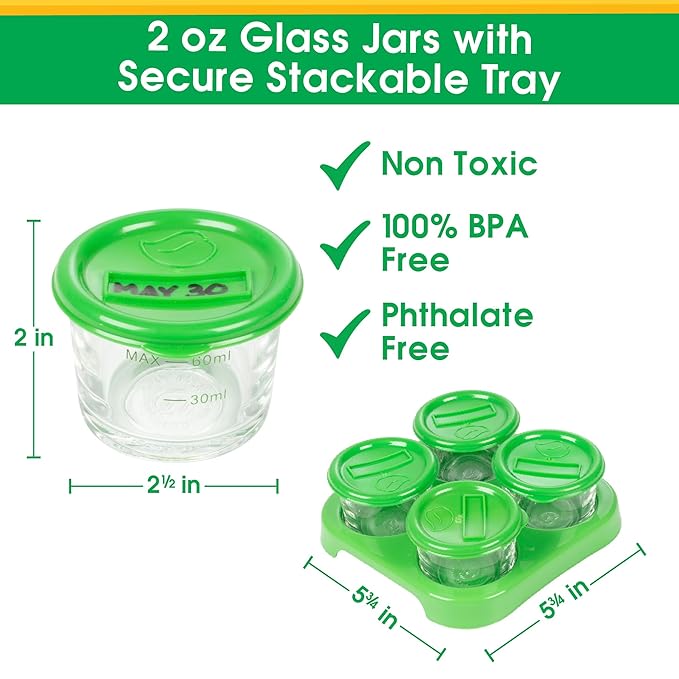 Glass Baby Food Storage Containers w Write What You Want Lids (12 Pk) - 2oz Jar Includes Lids, Storage Tray, Dry-Erase Marker - Microwave, Freezer, Dishwasher Safe - BPA & Phthalate Free
