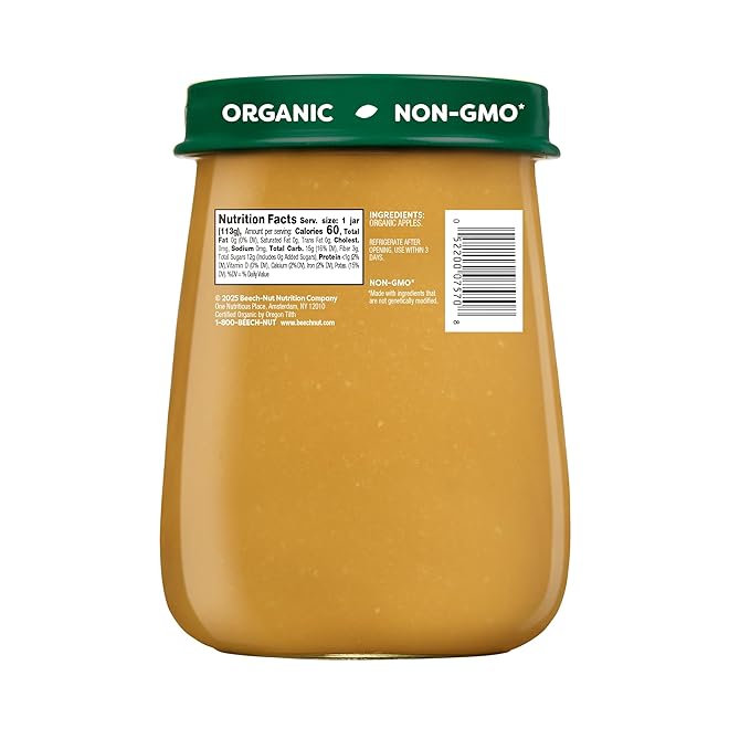 Beech-Nut Organic Baby Food Jars, Organic Apple Puree, Stage 1 Baby Food for Babies 4 Months and Up, Non-GMO, 4oz Glass Jars, 10ct