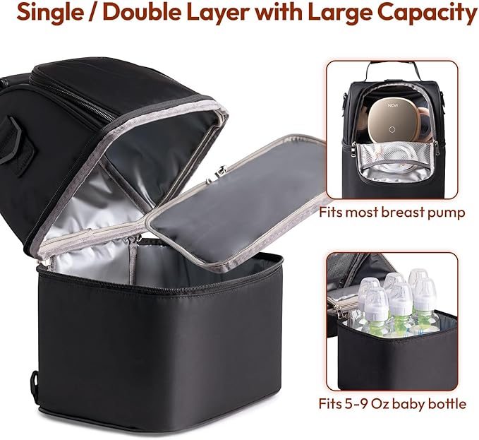 NCVI Breastmilk Cooler Bag with 2 Ice Pack, Breast Pump Bag with Cooler Fits 6 Bottles, Double Layer Breast Milk Travel Bag Baby Bottle, for Travel, Nursing Mom Daycare, Work, Picnic (Black)