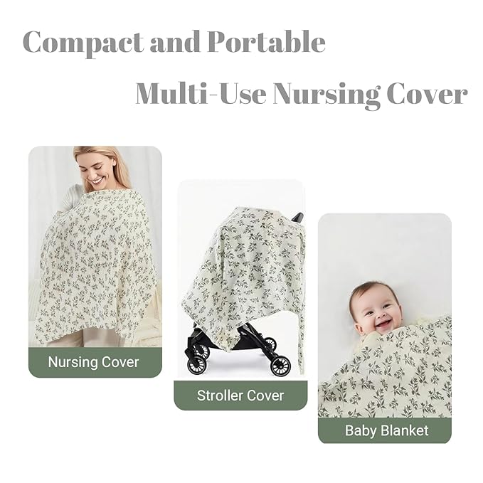 Muslin Nursing Cover for Breastfeeding Moms - 100% Cotton Lightweight & Breathable Privacy Shawl with Adjustable Rigid Hoop | Multi-use Apron(Sage Green)
