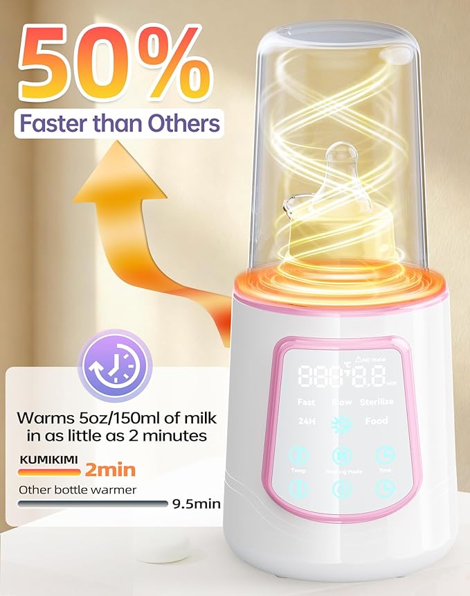 12 in 1 Fast Baby Bottle Warmer with Even Heating No Hot Spots, Night Mode, Sterili-zing,Constant Temp Milk Warmer for Breastmilk & Formula, Fits All Bottles Pink