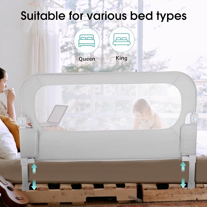 NUTIKAS Baby Bed Rail Guard for Toddlers - 58.7" Toddler Bed Rails for Twin, Full, Queen, King Bunk Size Bed Swing Down Bedrail Extral Tall Child Safety Side Railing Guards for Kids