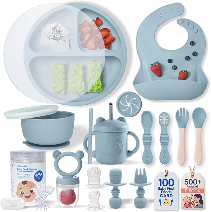 Remonda 23-Piece BPA-Free Silicone Baby Feeding Set | Extra Large Suction Plates, Toddler Bowls, Self Feeding Spoons, and More | Dishwasher Safe| Baby Led Weaning Supplies (Blue) A1