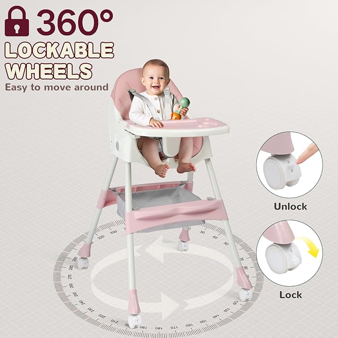 Ktaxon Foldable Baby High Chair, 2-in-1 Portable Convertible Highchair with 5-Point Safety Harness, Easy to Clean Tray and Storage Bag for Toddlers & Babies, Pink