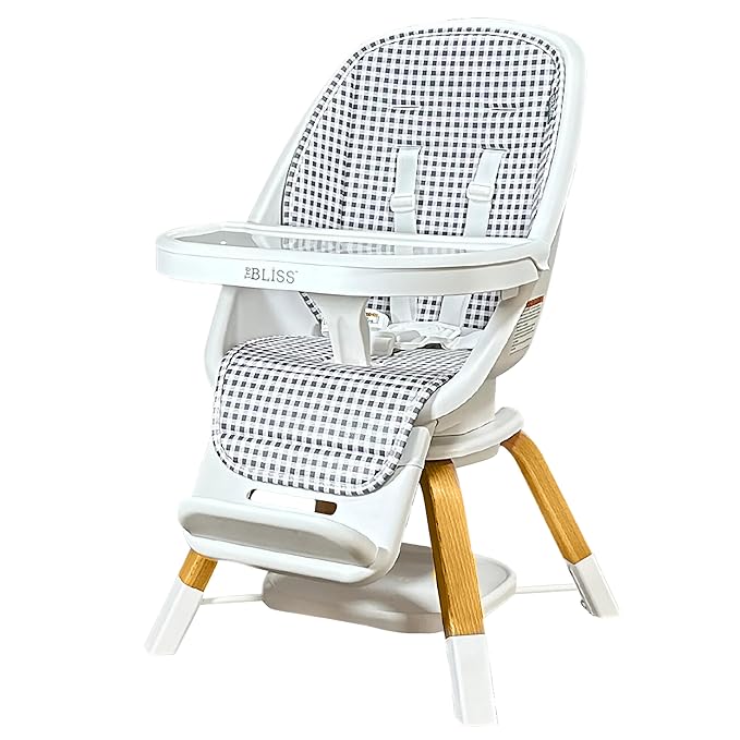 TruBliss Turn-A-Tot High Chair for Babies and Toddlers, 2 in 1 Wooden Portable Baby Feeder or Adjustable Child's Seat with 360 Degree Swivel, Removable Tray, and Pad (Gingham)