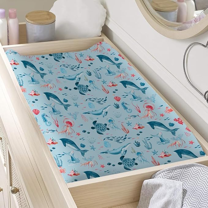 Nautical Animals Life Changing Pad Covers Sea Turtle Whale Jellyfish Sea Horse Weeds Unisex Diaper Change Table Sheets for Boys Girls Soft Breathable Stretch Changing Pad Sheets 32''x16'' Blue