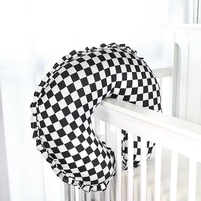DILIMI Nursing Pillow Cover, Removable Ruffled Pillowcase for Breastfeeding Pillows, Ultra Soft Comfortable Slipcover for Baby Girl and Boy, Black Gingham
