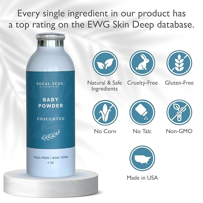SoCal Suds & Company - Natural Baby Powder - Talc-Free Formula with Arrowroot, Kaolin, Aspen Bark Extract for Soft Soothing Sensitive Skin - Gentle Absorption - Fragrance Free, 4oz, 2-Pack
