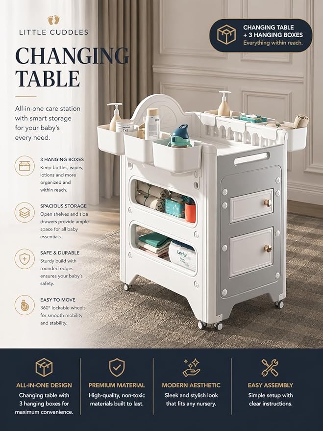 Heavy-Duty Baby Changing Table with Storage & Adjustable Height – Waterproof HDPE Diaper Changing Station for Nursery & Daycare, Removable Care Basin