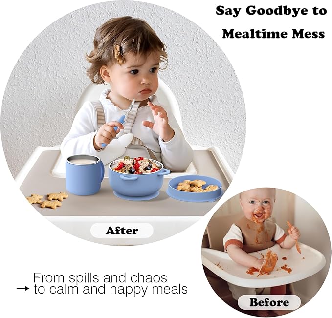 Bakpoco Kids Dinnerware Set - 6 Piese Toddler Plates and Suction Bowls Set with Kids Utensils&Cup, 2 IN 1 Stainless Steel & Silicone Baby Self Feeding Supplies, Blue