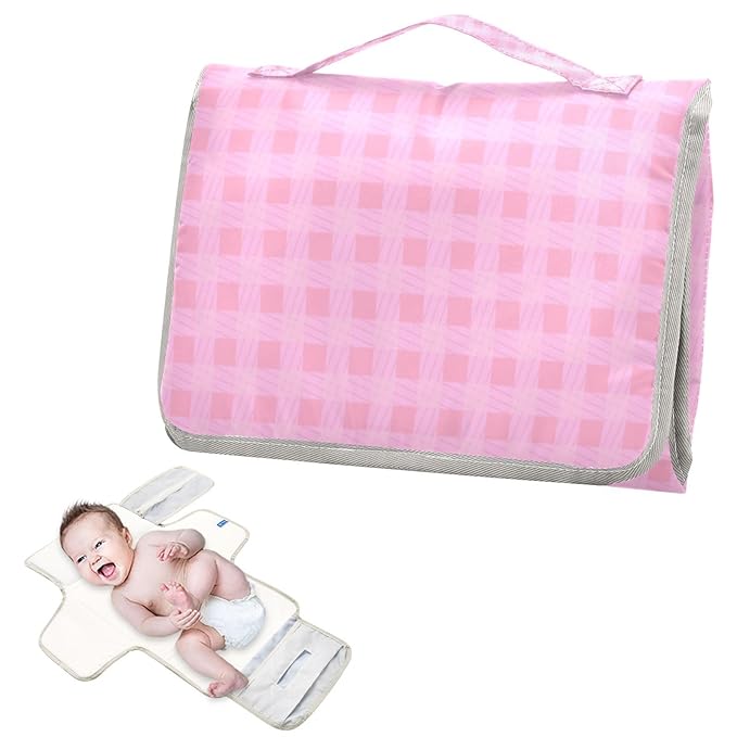 Portable Diaper Changing Pad Travel Baby Changing Mat Waterproof Diaper Changing Mat Foldable Lightweight Baby Changer with Built-in Pillow Checkered Pink 01