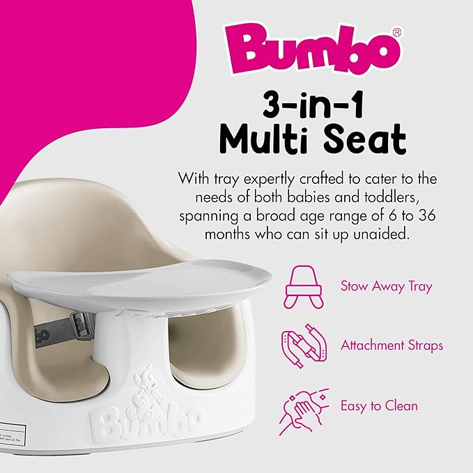 Bumbo 3-in-1 Multi-Seat for 6 to 36 Months, Travel Baby and Infant Feeding & Play Floor Seat, Portable Booster High Chair with Dining and Activity Tray, Taupe