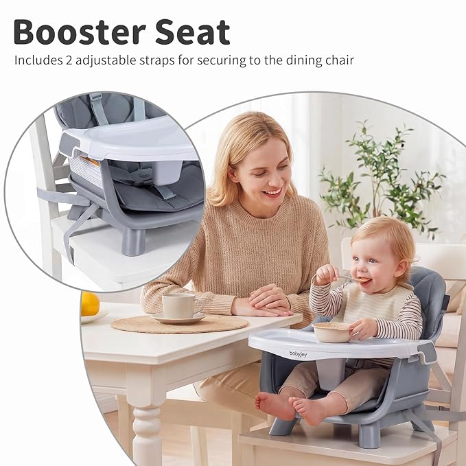 BABY JOY 8-in-1 High Chair, Convertible Wooden Highchairs for Babies and Toddlers | Dining Booster Seat | Toddler Stool, Double Removable Tray, 5-Point Safety Harness & Waterproof PU Cushion (Gray)