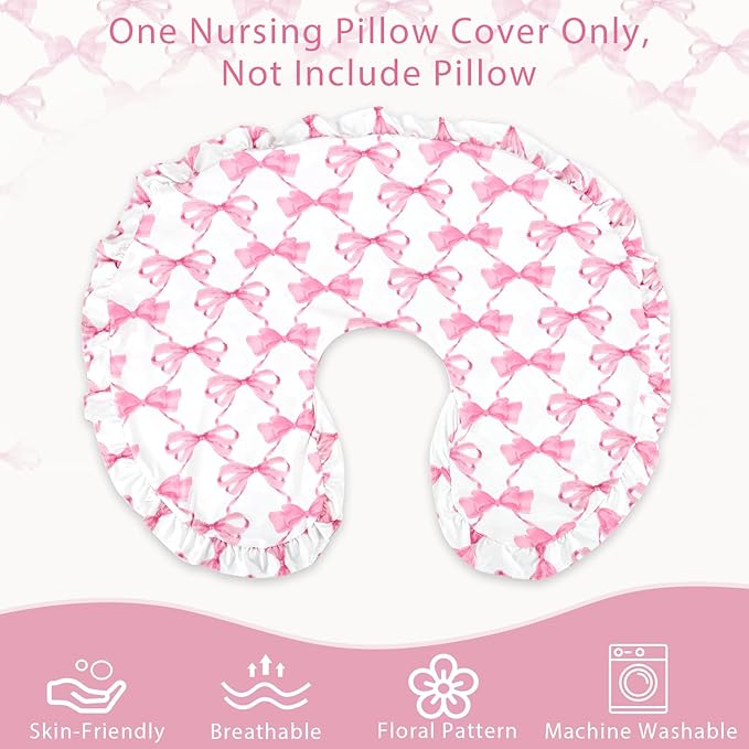 Ruffle Nursing Pillow Cover, Removable Stetchy Case for Breastfeeding Pillows, Ultra Soft and Breathable Feeding Pillow Slipcover with Modern Design Lace for Infant Girls Boys, Pink Bow