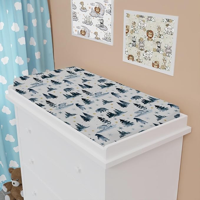 Bear Snow Forest Changing Pad Cover Watercolor Bear Paws Trees Change Table Pad Cover for Baby Boys Girls Soft Breathable Stretchy Snug Fitted Diaper Changing Mat Sheets 32''x16''