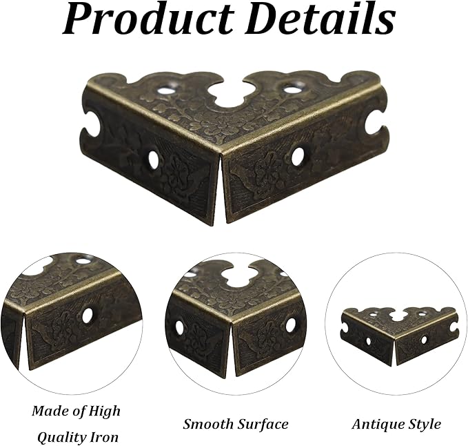 4Pcs 1.37"x1.37" Furniture Corner Protectors, Vintage Corner Guard Metal Edge Guards Decorative for Jewelry Box Cabinet Wooden Case with Screws, Antique Bronze