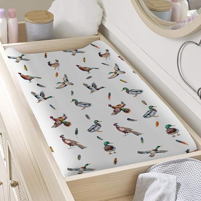 Country Duck Pheasant Baby Changing Pad Cover Wild Ducks Birds Feathers Baby Diaper Changing Table Sheets for Boy Girl Soft Breathable Stretch Fitted Diaper Change Table Pad Mats Covers 32''x16''