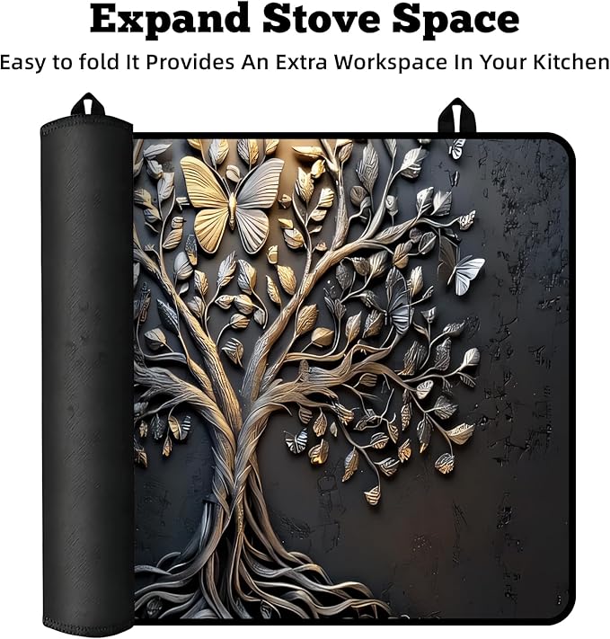 Multi-Design Stove Top Cover for Glass/Electric Stoves - 3-in-1 Heat-Resistant Protector Mat, Non-Slip Drying Rack 30"x21"(Tree of Life - Black)
