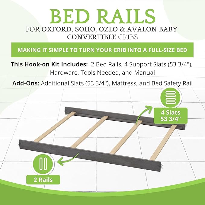 Full-Size Conversion Kit Bed Rails for Oxford, Soho, Ozlo & Avalon Baby Convertible Cribs - Solid Wood - Toddler & Adult Rail for Full-Size Bed - Nursery Furniture (Multi-Tone Grey, Hook-On Kit)