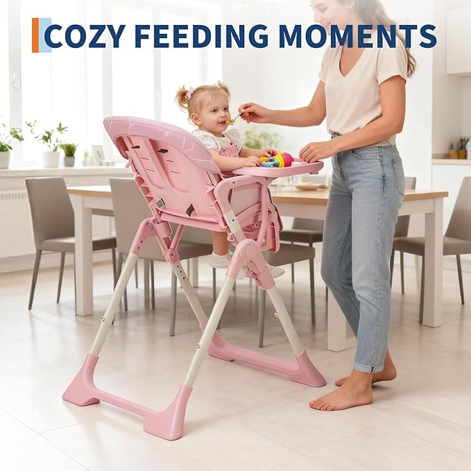 Baby High Chair, Foldable Feeding Chairs for Babies and Toddlers, Adjustable Height/Backrest/Footrest, Removable Tray, Fast Folding Pink