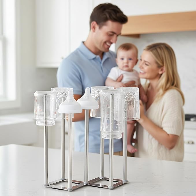 Water Bottle Drying Rack, Cup Drying Rack for Counter, Stainless Steel Tumbler Dryer Stand, Space-Saving Mug & Glass Drying Rack, Heavy-Duty Holder for Cups & Water Bottles (Silver – 7 Pegs)
