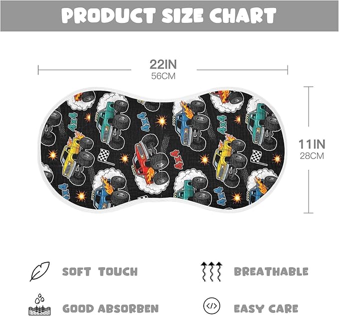 4 Pack Muslin Burp Cloths Monster Truck Black Print Cotton Baby Burp Cloths Absorbent Soft Burping Cloth Washcloths for Newborn Babies 22x11 Inch
