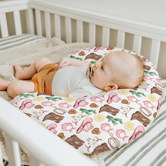 Pink Western Cowgirl Baby Nursing Pillow Covers for Girl Cowgirls Boots Hat Horse Cactus Sun Cow Skulls Nursery Slipcover for Breastfeeding Pillows Wild West Soft Stretchy Cover for Newborn Infant