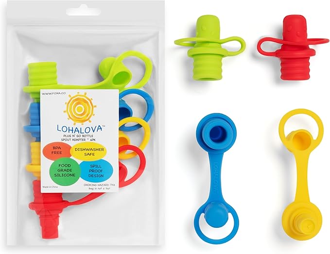 Spill-Proof Water Bottle Spout Adapter for Kids - Water Bottle Adapter Toddlers and Adults - BPA Free Water Bottle Tops - Compact Silicone Sippy Cup Lids - 4 Pack Red Blue Green Yellow