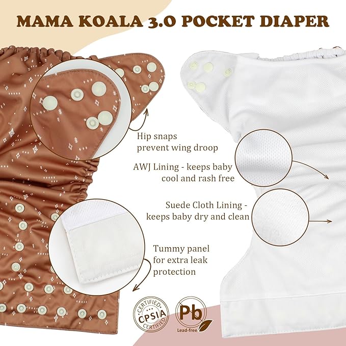 Mama Koala 3.0 Cloth Diapers for Babies, 6 Pack One Size Washable and Reusable Pocket Diapers for Newborns and Toddlers (Candy and Cookies)