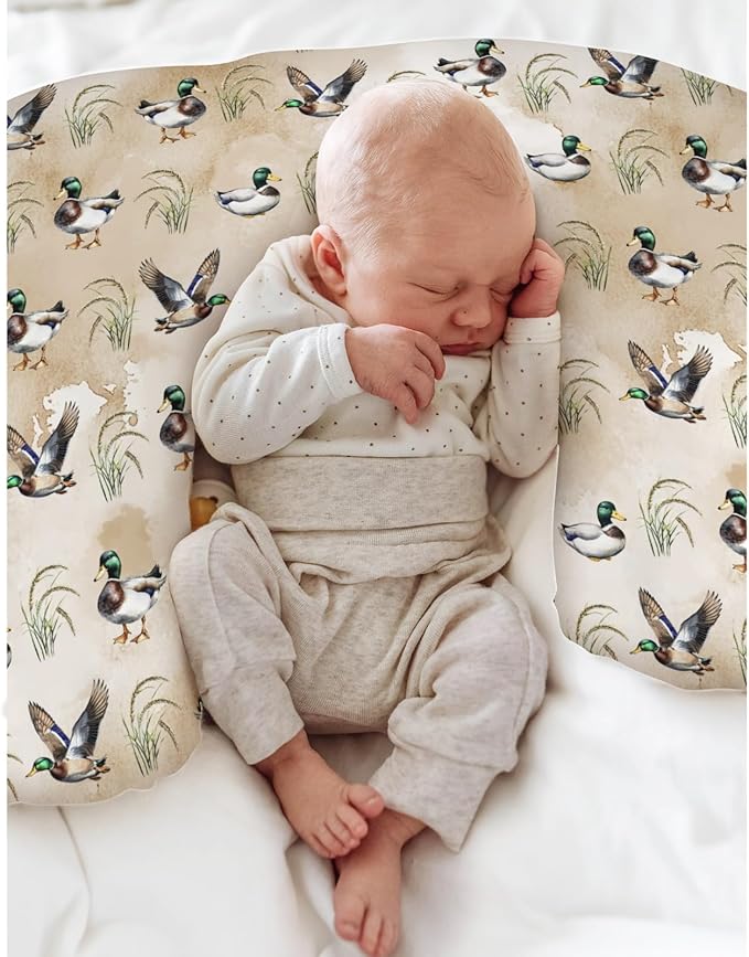 Vintage Mallard Duck Baby Nursing Pillow Covers for Boy Girl Green Ducks Lake Nursery Slipcovers for Breastfeeding Pillows Hunting Ducks Soft Stretchy Removable Cover for Newborn Infant
