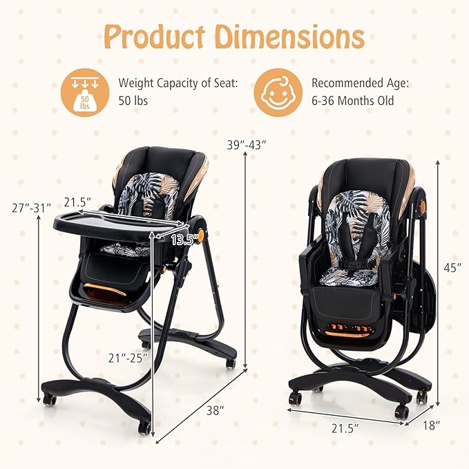 BABY JOY High Chair, Foldable Baby High Chair with Adjustable Height, Backrest & Footrest, Double Removable Tray, Portable Chair with Wheels for Babies & Toddlers of 6-36 Months (Black)