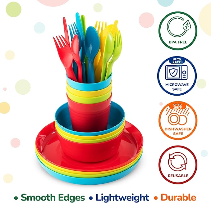PLASKIDY Kids Plastic Dinnerware Set - 36 Pc Reusable Children's Dinner Set Microwave / Dishwasher Safe BPA Free Toddler Dishes Dinnerware Set Includes Kids Plates and Bowls Kids Cups & Flatware.