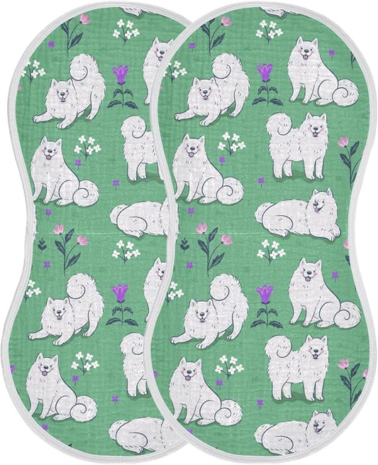 Muslin Burp Cloths for Baby Boys and Girls - 2-Pack Ultra Absorbent Cute Samoyed Dog Muslin Washcloths, Newborn Towel, Milk Spit Up Rags, Burp Cloth Bibs for Unisex, 22 x 11 Inch