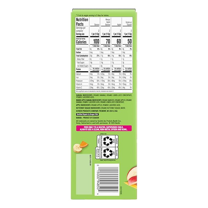 GERBER Infant Puree Organic Variety Assortment Fruit & Vegetables 8x4oz
