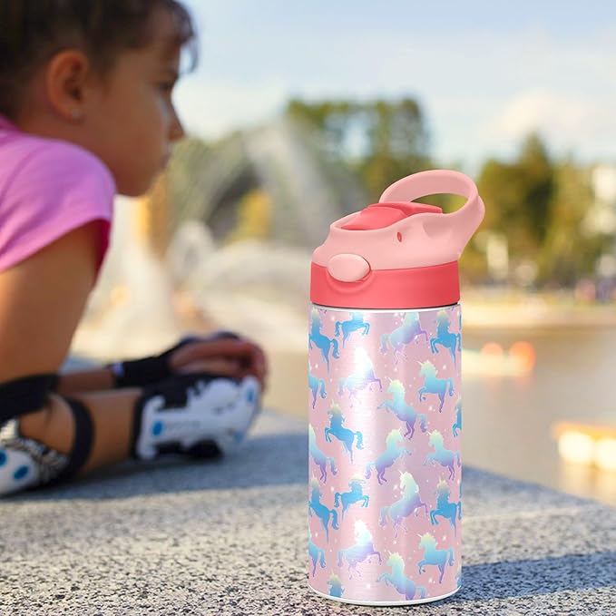 Butterfly Girls Water Bottle with Straw and Carry Handle Rainbow Cute Animals Vacuum Insulated Stainless Steel Bottles Leak-Proof for Boys Kids Toddler 12 oz Pink Lid