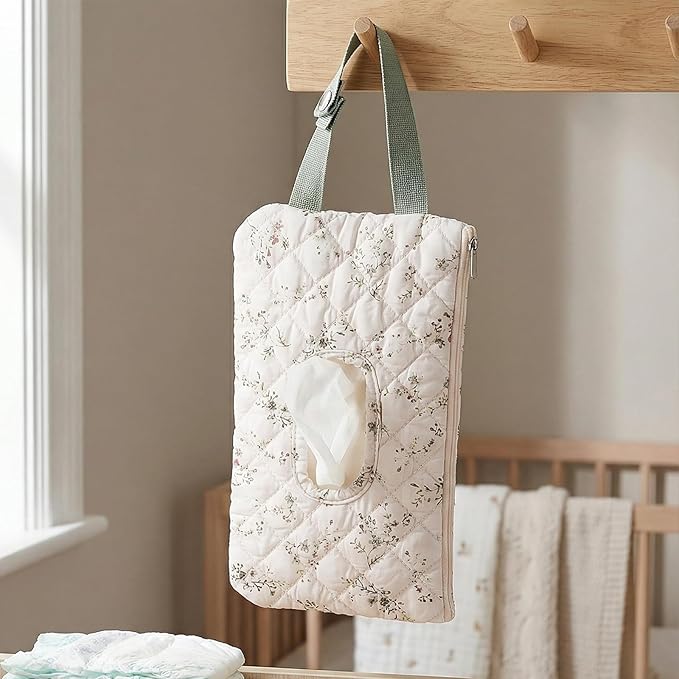 Quilted Baby Wipe Holder, Canvas Floral Quilted Pouch with Hanging Strap, Portable Diaper Wipe Holder for Travel Stroller-Green Leaves