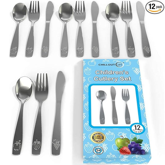 12 Piece Stainless Steel Kids Silverware Set - Child and Toddler Safe Flatware - Kids Utensil Set - Metal Kids Cutlery Set Includes 4 Small Kids Spoons, 4 Forks & 4 Knives