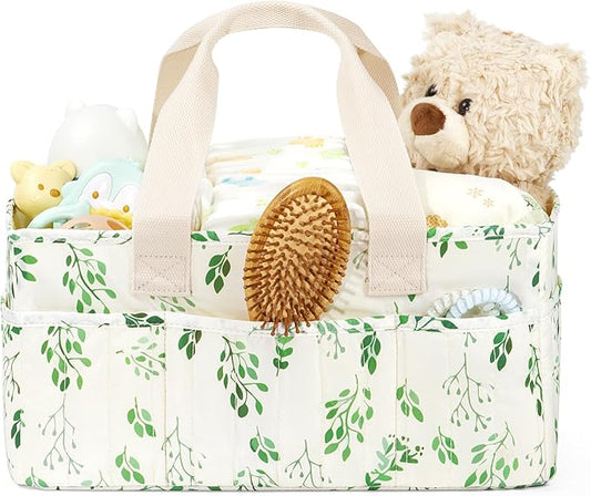 BuyCard Leaf Pattern Diaper Caddy Organizer, Nursery Storage Basket with Handle, Baby Essentials Holder, Cream with Green Floral Design