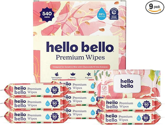 Hello Bello Premium Baby Wipes for Sensitive Skin, Hypoallergenic, Fragrance-Free, 99% Water with Chamomile & Aloe, Multi-Use, Rosy Posy, 9 Resealable Packets, 540 Wipes