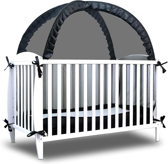 South to East Crib Tent, Pop Up Safet Crib Net to Keep Baby from Climbing Out, Breathable & Skin-Friendly Mesh Crib Cover, Strong and Firm X Metal Frame, Mosquito Netting for Baby, Black