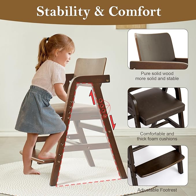 Solid Wood High Chair for Toddlers to Teens, Adjustable Height Toddler Dining Chair, Easy to Clean Toddler Highchair with PU Cushion for Dining, Studying, Step Stool, Walnut