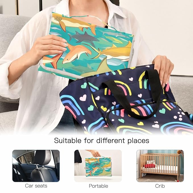 Portable Diaper Changing Pad Travel Baby Changing Mat Waterproof Diaper Changing Mat Foldable Lightweight Baby Changer with Built-in Pillow Colorful Sharks Green